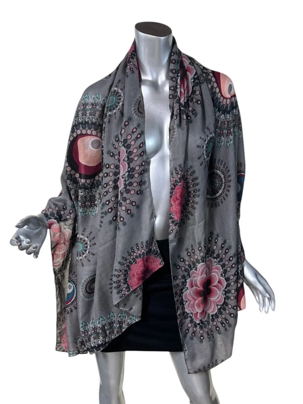 Long Large Scarf Geometric Colorful Boho Floral Print Soft Grey 32”x70”